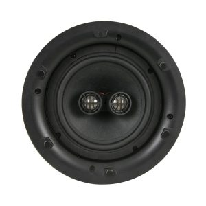 Black circular loudspeaker with two small grille-covered tweeters in the center.