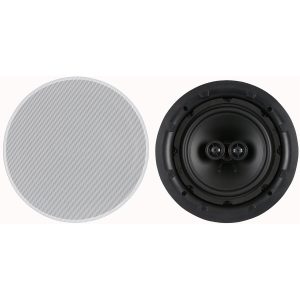 Pair of round speakers: front metal grille and rear view of a black woofer with dual drivers