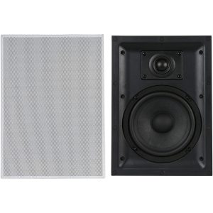 Pair of speakers: left white perforated grille panel, right black bookshelf speaker with a small tweeter and large woofer.