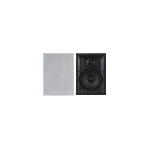 Black bookshelf speaker with a woofer and tweeter, shown beside a white perforated grille.