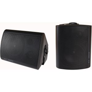 Pair of black DLS Sweden bookshelf speakers with perforated metal grilles.