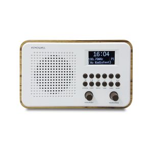 Echowell clock radio with wooden frame, white front, perforated speaker grill, LCD display and round control buttons.