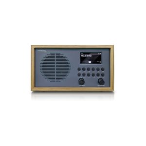EchoWell tabletop radio with wooden frame, gray front panel, large circular speaker grille, digital FM display and multiple knobs.