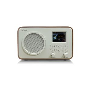 ECHOWELL wooden desktop radio with large circular speaker and small color display showing Spotify.