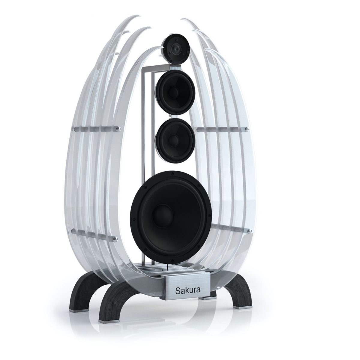 Eden Acoustics Sakura Sakura loudspeaker with curved translucent white arches housing a vertical four-driver array on a metal stand.