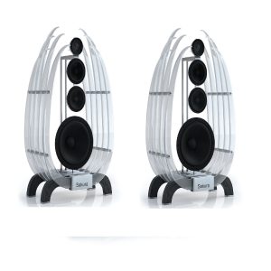 Sakura pair of loudspeakers with curved transparent outer shells and four-driver vertical design on metal stands.