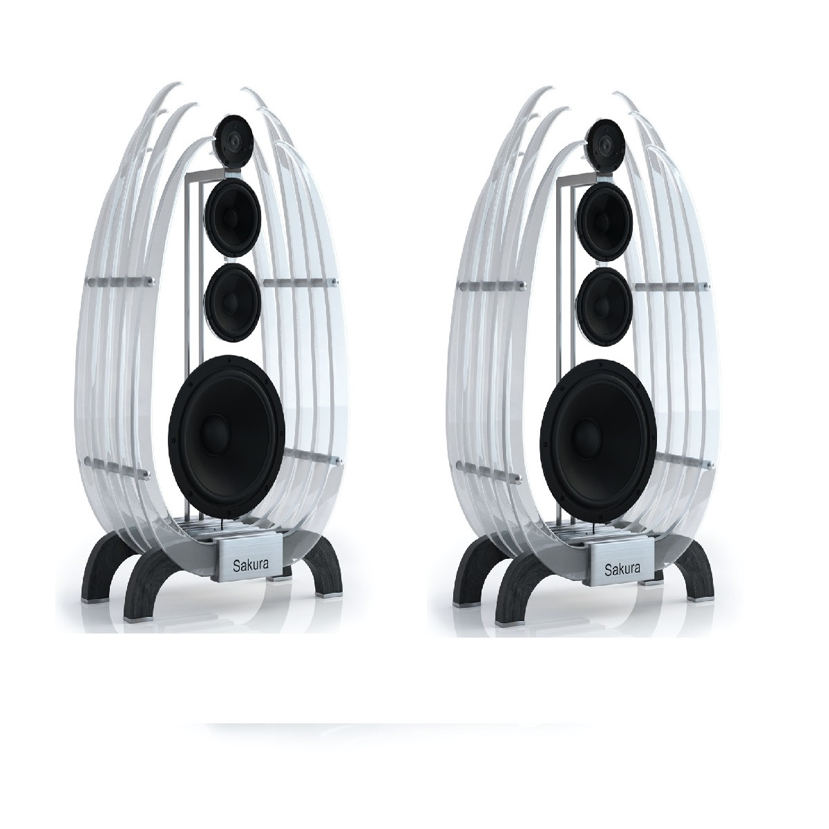 Eden Acoustics Sakura Sakura pair of loudspeakers with curved transparent outer shells and four-driver vertical design on metal stands.