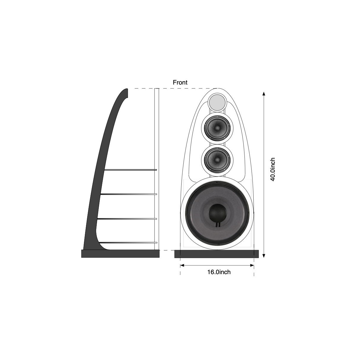 Eden Acoustics The Edge Floor-standing loudspeaker with a tweeter, two midrange drivers, and a woofer, front view with a curved side profile.