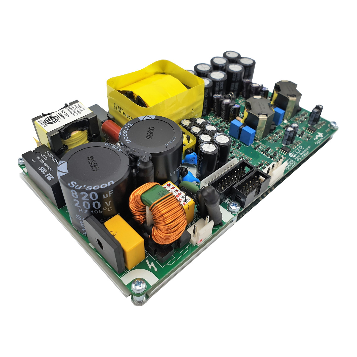 Eden Acoustics The Edge Smps power supply circuit board with suncon capacitors, yellow transformer, coils, and edge connector.