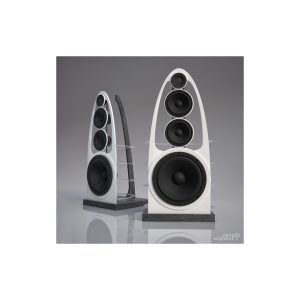 White curved floorstanding loudspeakers with three mid/high drivers and a large bass woofer, model The Edge.