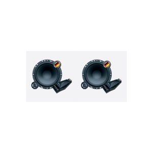 Pair of large black speaker woofers with attached amplifiers and small circular tweeters, featuring a German-quality badge.