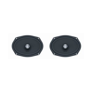 Pair of oval black car speakers with silver dust caps, branded Massive, with four mounting holes.