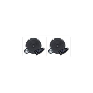 Pair of large black round subwoofers with mounting flanges, each shown with a small circular tweeter and a crossover module