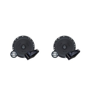Pair of large black round speakers with external crossovers and mounting rings.