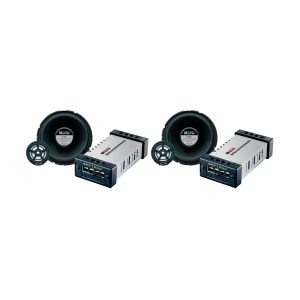 Pair of car audio subwoofers with matching silver amplifiers and black front panels
