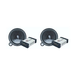 Pair of Maestro car audio woofers with compact amplifiers and small tweeters.