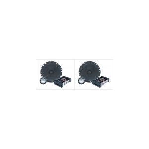 Two identical car audio speaker kits featuring a large round woofer, a small dome tweeter, and a rectangular amplifier module.