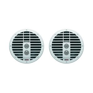 Pair of round white Maestro air vent grilles with black inner sections and central dual circular outlets.