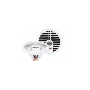 Maestro round white speakers with black grill slats, two sizes shown.