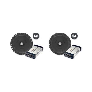 Pair of Maestro car subwoofers with external amplifiers and mounting hardware.