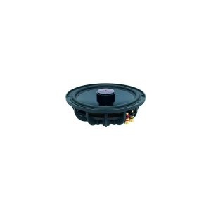 Round black car subwoofer driver with exposed magnet and gold terminal connectors.
