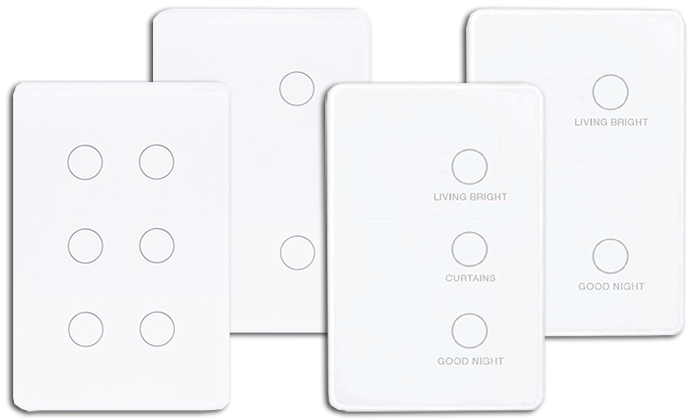 Kasta Hesperus Touch Smart 3 Button Remote Switch White living bright touch light switch panels with circular buttons and labels such as living bright, curtains, good night.