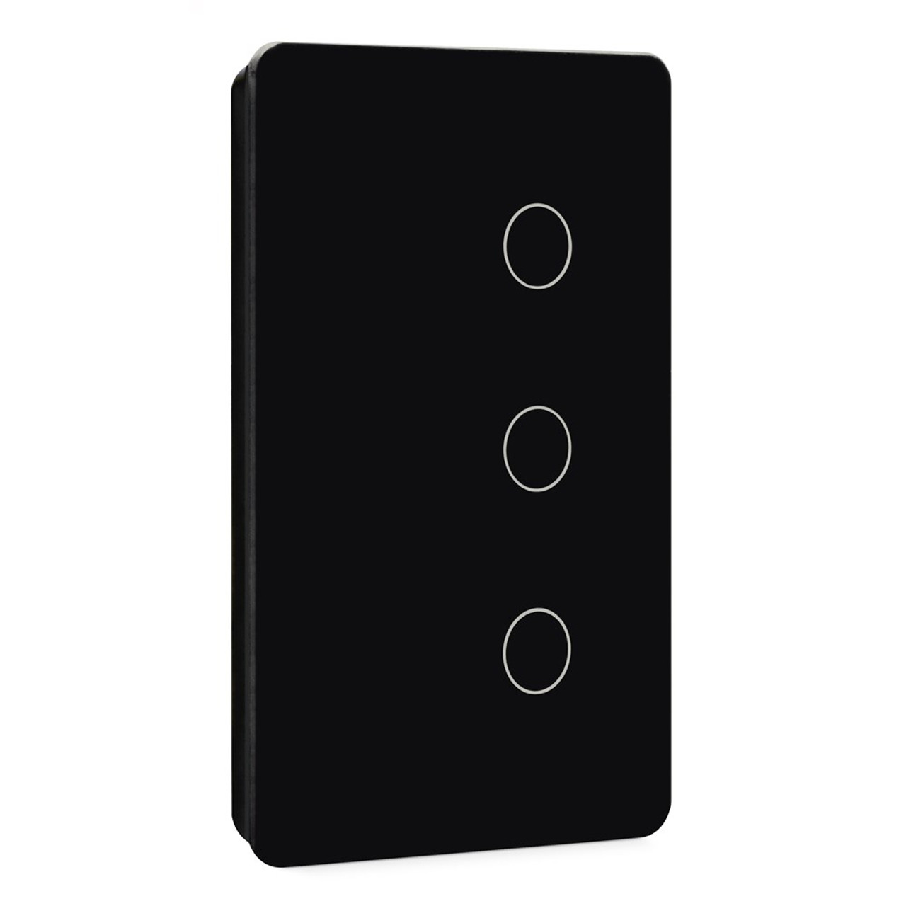 Kasta Hesperus Touch Smart 3 Button Remote Switch Three-gang black glass touch light switch panel with chrome-rimmed circular buttons.