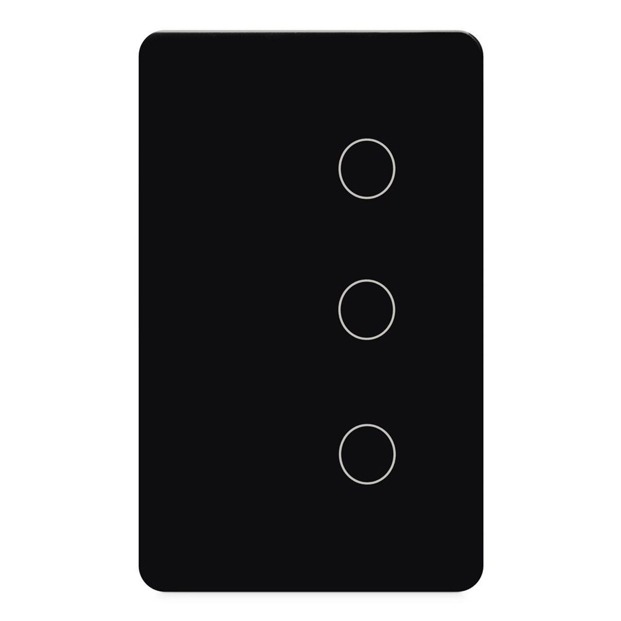Kasta Hesperus Touch Smart 3 Button Remote Switch Black glass 3-gang touch light switch panel with three silver-ring circular buttons.