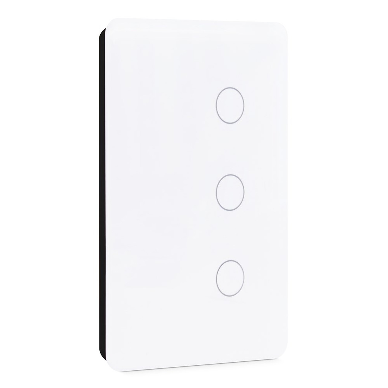 Kasta Hesperus Touch Smart 3 Button Remote Switch White rectangular wall switch plate with three vertically arranged round push buttons.