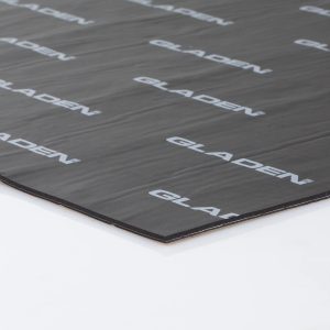 Gladen sound-deadening mat sheet, black with repeated white GLADEN logos.