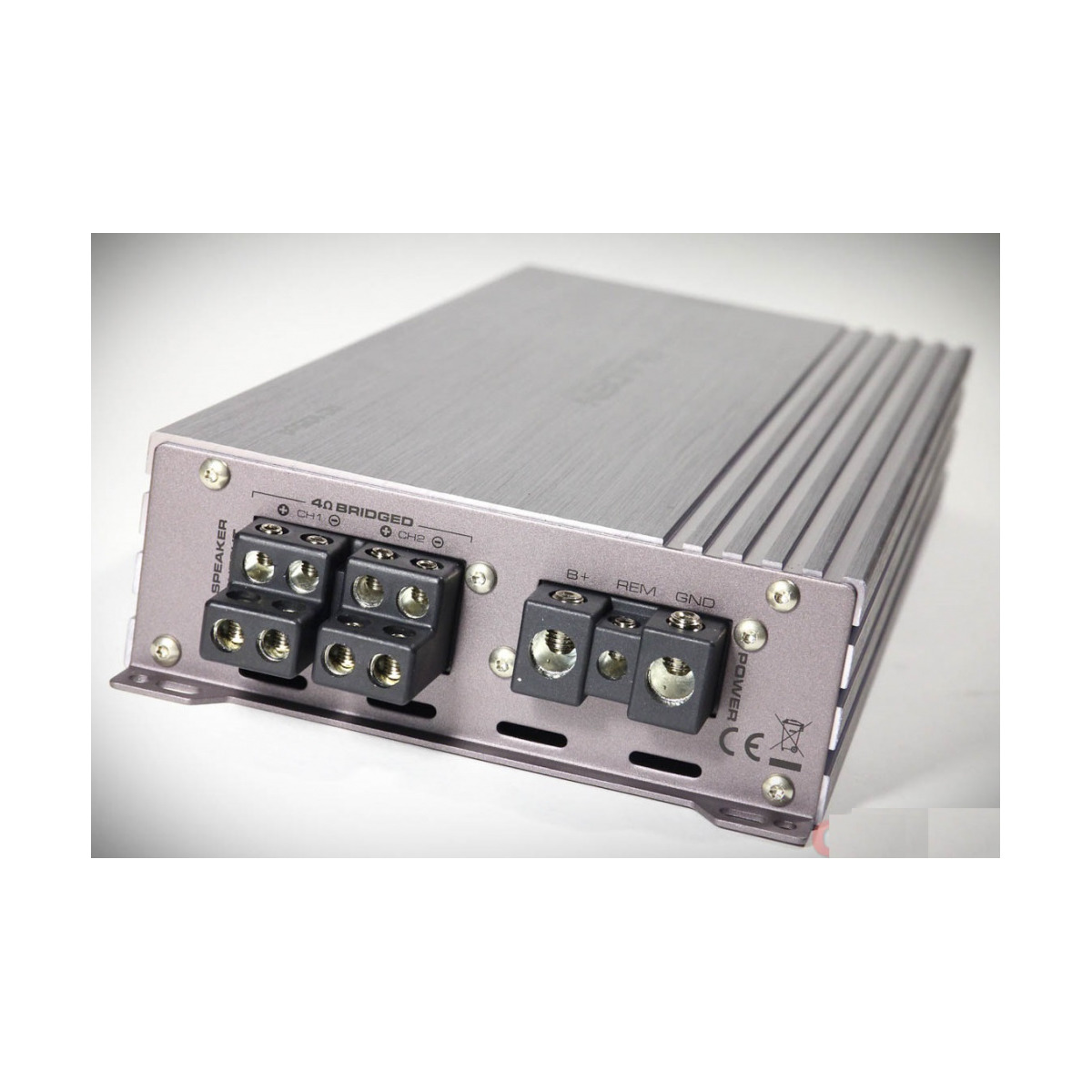 Gladen Rc 105C4 Aluminum car amplifier with four speaker terminals and b+, rem, gnd power connections on the rear panel.