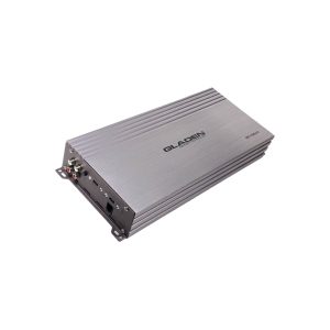 Gladen car amplifier in brushed aluminum enclosure with ribbed heat sinks and rear input/output connectors