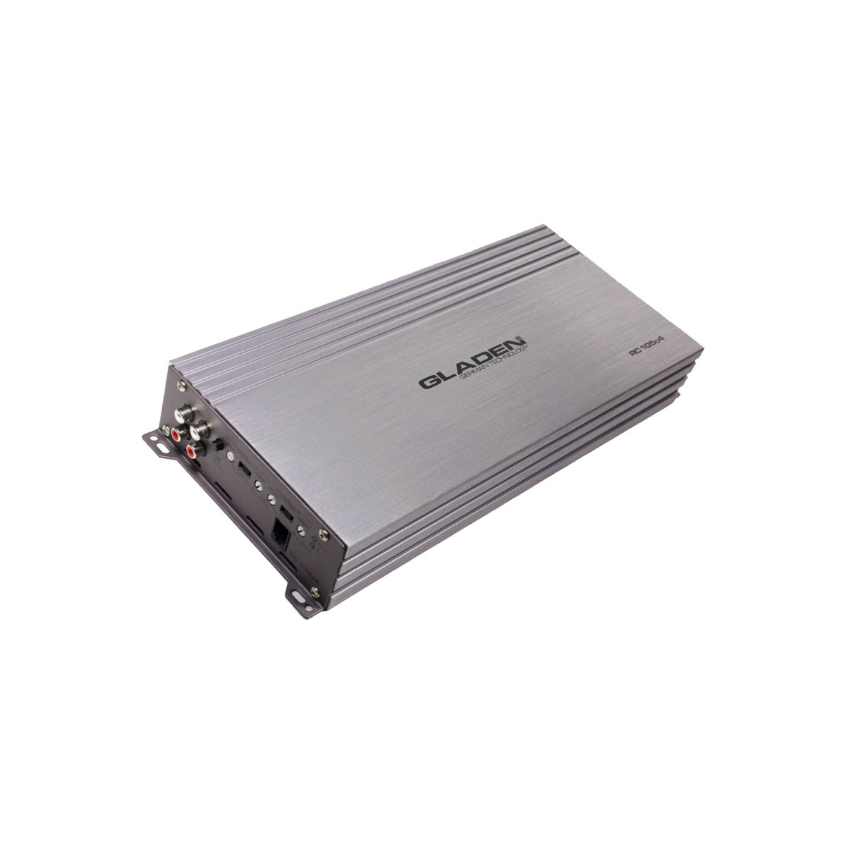 Gladen Rc 105C4 Gladen car amplifier in brushed aluminum enclosure with ribbed heat sinks and rear input/output connectors
