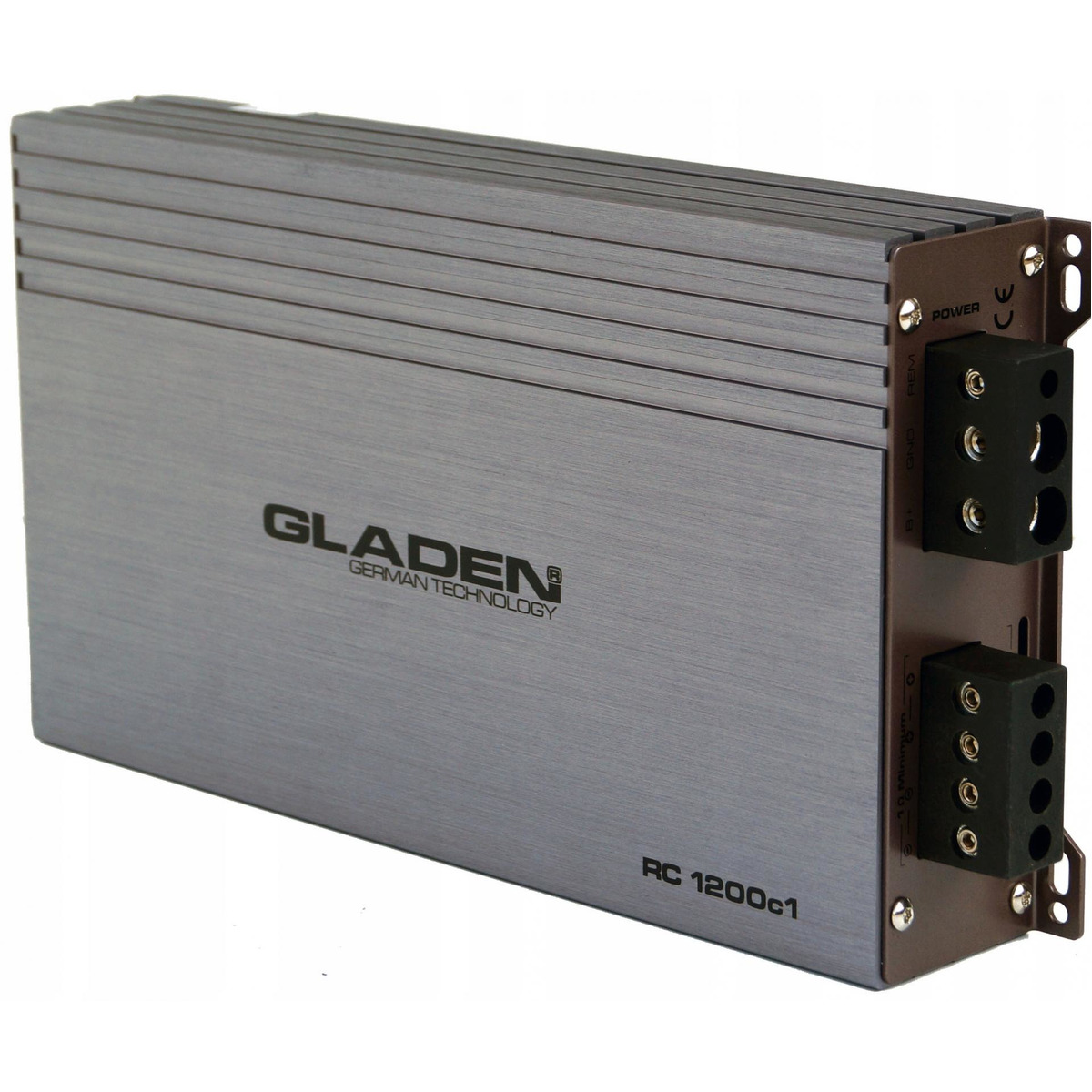 Gladen Rc 1200C1 Gladen rc 1200c1 car amplifier in brushed aluminum chassis with heatsink fins and side terminals.