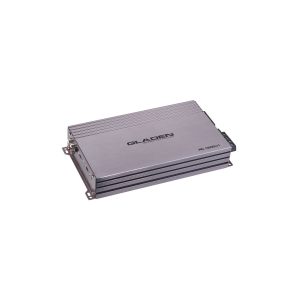 Gladen AC 1200.01 car audio amplifier in brushed aluminum enclosure with cooling fins.