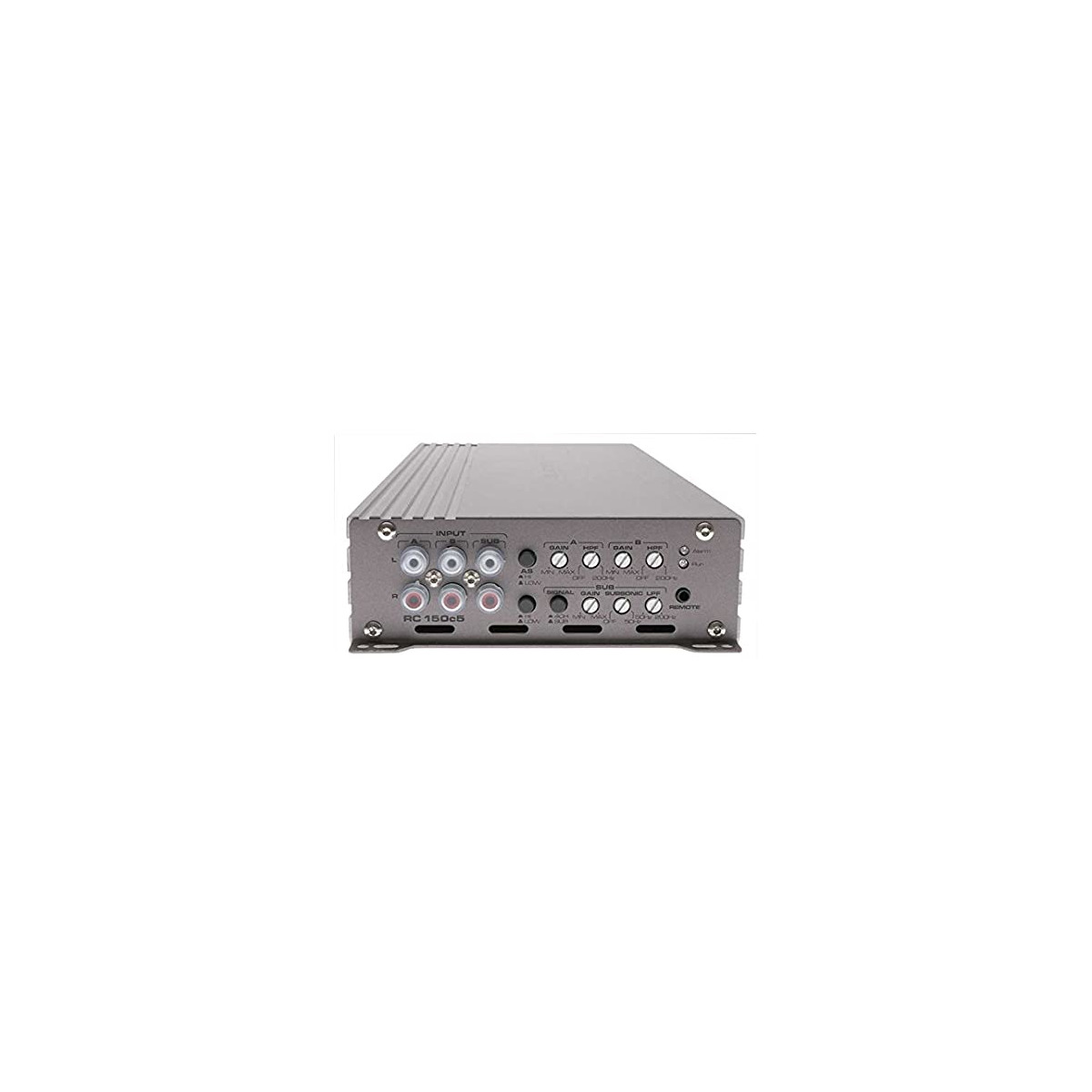 Gladen Rc 150C5 Rc1506s car audio amplifier with rca inputs and adjustment knobs.