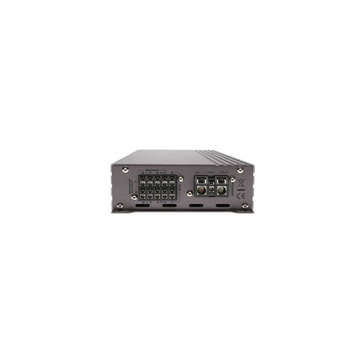 Gladen Rc 150C5 Car audio amplifier with metal enclosure, multiple speaker output terminals and b+, rem, gnd power terminals.