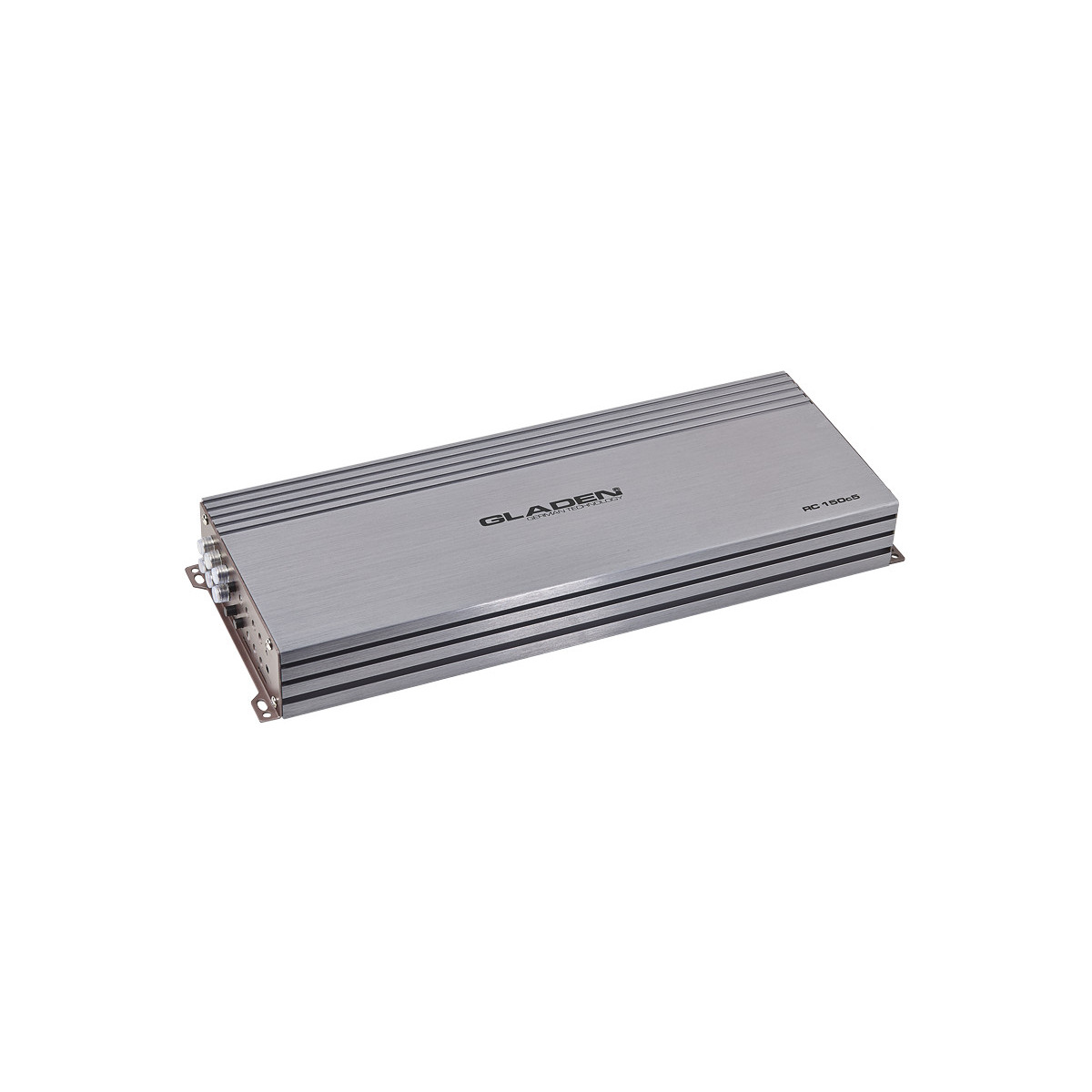 Gladen Rc 150C5 Gladen rc 1500s car audio amplifier in brushed aluminum chassis with cooling fins.