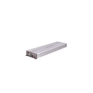 Slim silver car amplifier with ribbed aluminum chassis and front-panel RCA inputs.