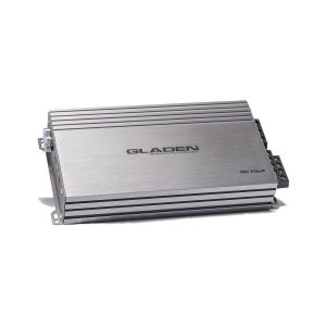 Gladen RC70c4 car amplifier with brushed aluminum housing and cooling fins.