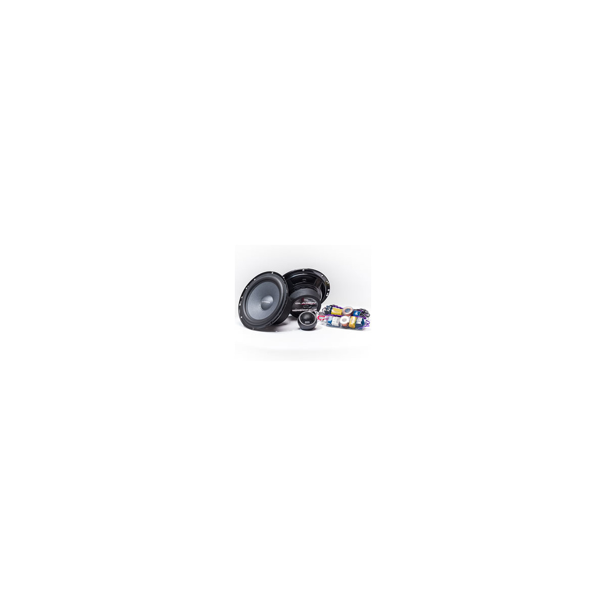 Gladen Rs-X165 Car audio speaker kit with subwoofer, midrange woofer, tweeters, and wiring connectors.