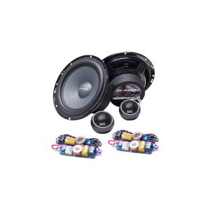 Gladen car audio speaker kit featuring two large woofers, two tweeters, and two crossover modules.