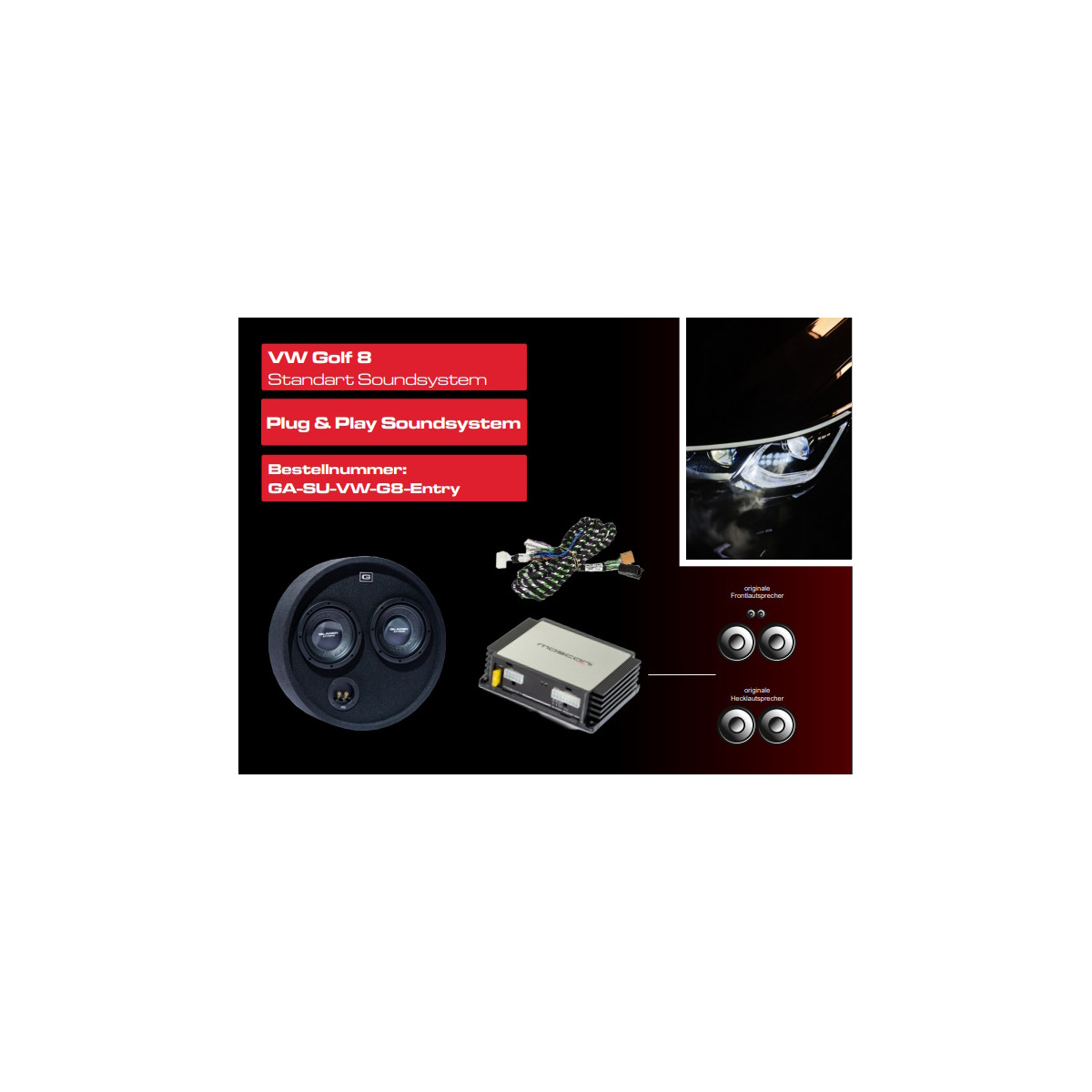 Gladen Su-Vw-G8-E Vw golf 8 standart soundsystem plug & play soundsystem with round car speakers, amplifier, and wiring harness.