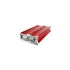 Red anodized car audio amplifier with silver front panel and dual terminal blocks.