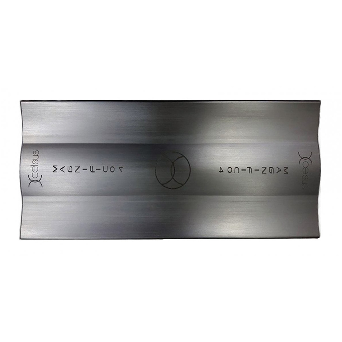 Xcelsus Audio Magn-4 Brushed stainless steel plate with xcelus branding and a circular overlapping-logo at center.