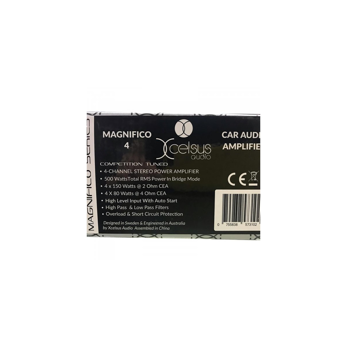 Xcelsus Audio Magn-4 Magnifico 4 car audio amplifier by xcelsius audio packaging with features and barcode