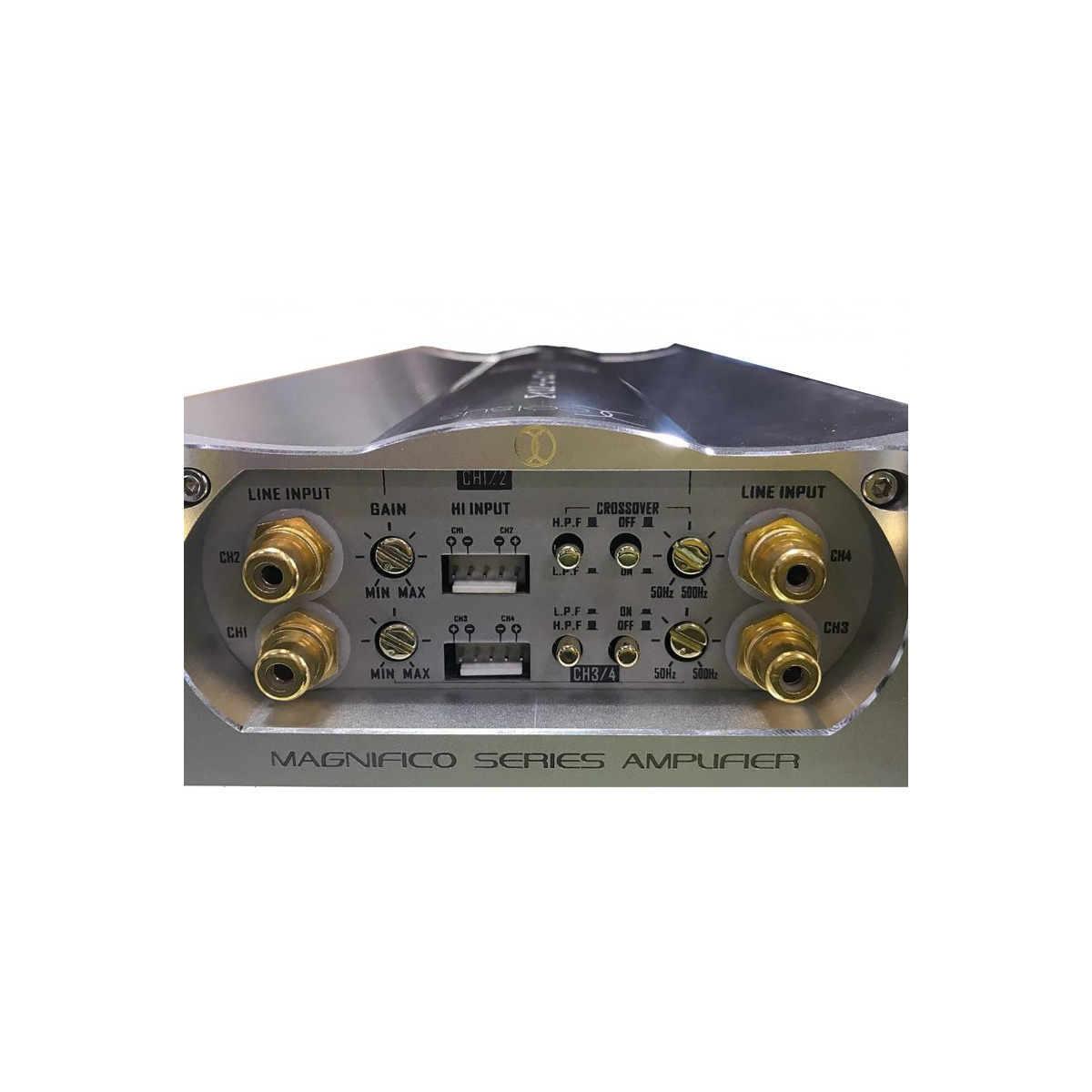 Xcelsus Audio Magn-4 Magnifico series amplifier front panel with four line input connectors, gain controls, crossover switches, and output terminals