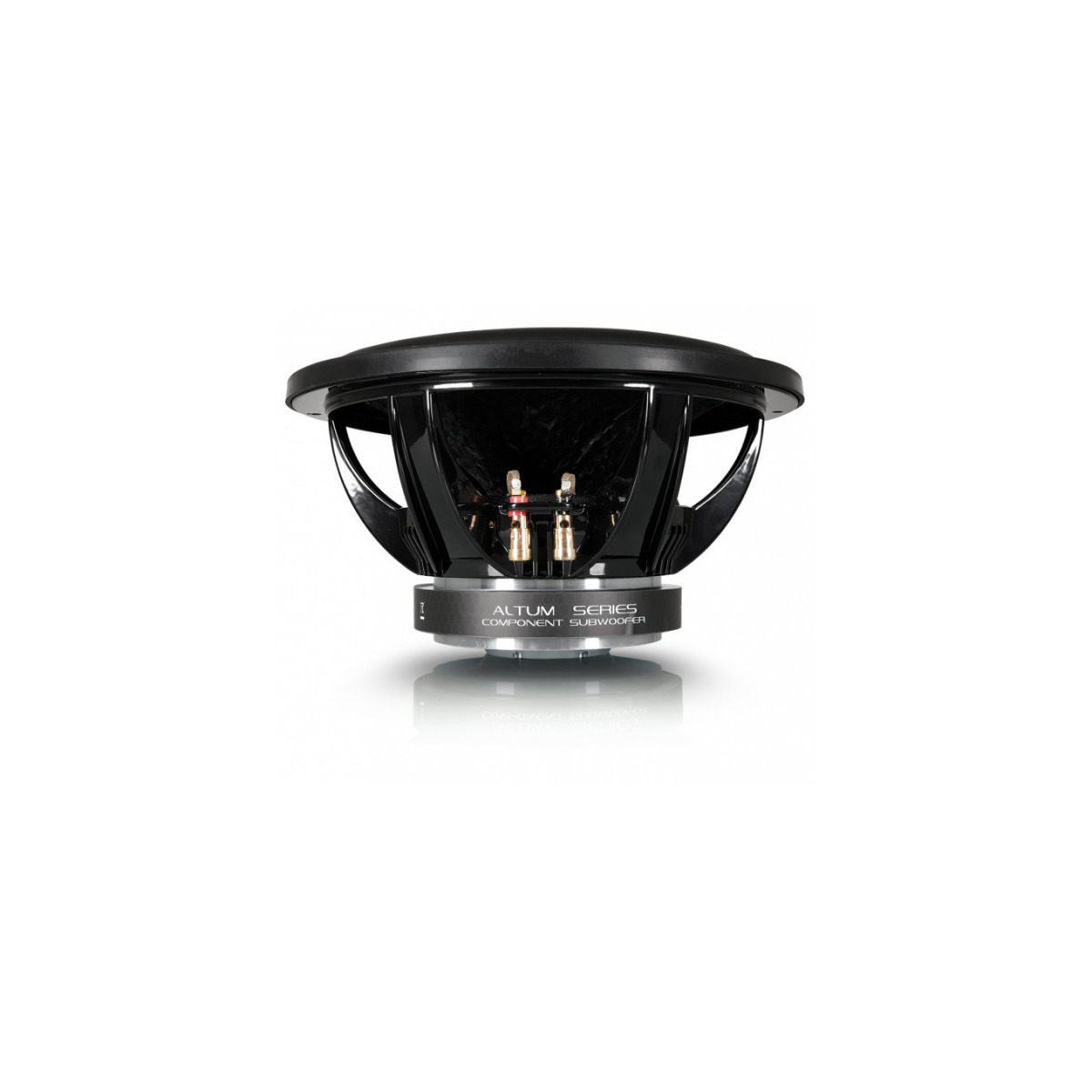 Xcelsus Audio Xas10 Altum series component subwoofer with black frame, copper terminals, and silver base.