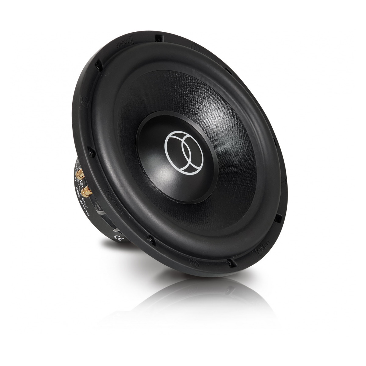 Xcelsus Audio Xas10 Black round car subwoofer with rubber surround, side terminals, and white intersecting-circle logo on the dust cap.
