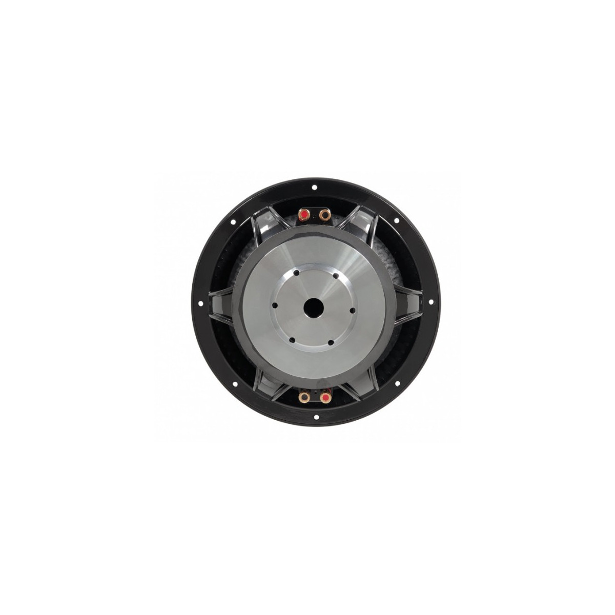 Xcelsus Audio Xas12 Circular loudspeaker driver with black frame, silver center hub, mounting holes around edge, and red and black terminal connectors.
